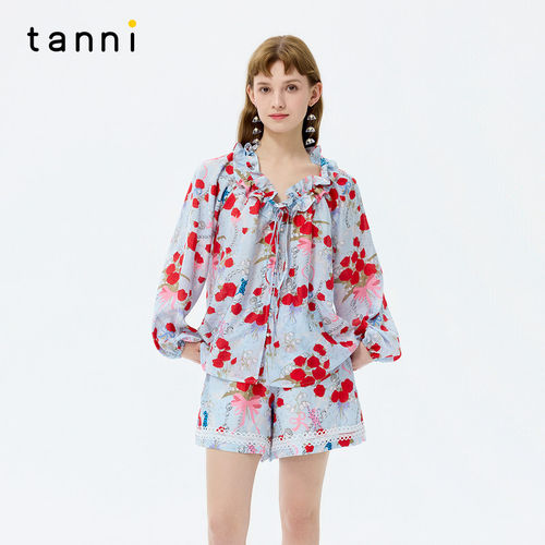 tanni26夏季新款繁花意趣风蓝红玫瑰印花衬衫泡泡袖上衣短裤套装