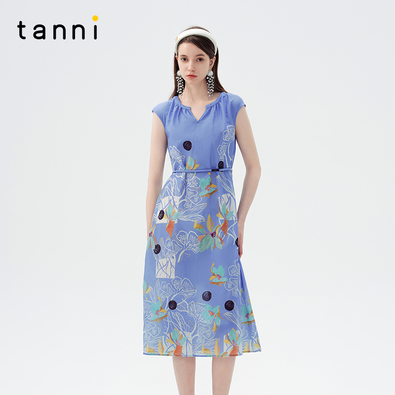 tanni含桑蚕丝印花无袖V领连衣裙