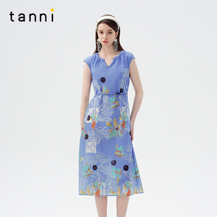 tanni25夏新款 V领中长连衣裙TO11DR155A 优雅气质含桑蚕丝印花无袖