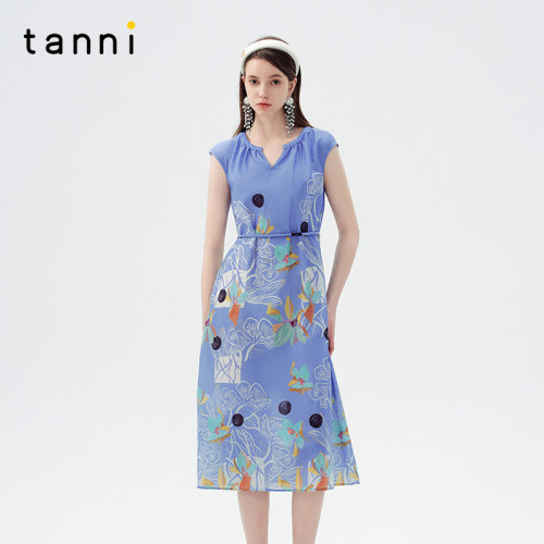 tanni含桑蚕丝印花无袖V领连衣裙