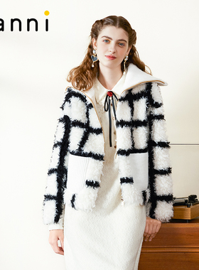 tanni新款甜美拼接针织设计感绵羊毛外套TM31OW001A
