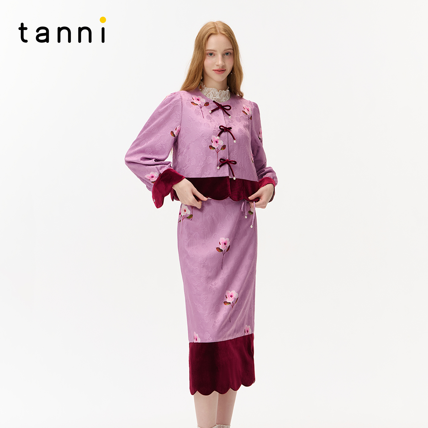 tanni25秋冬新款优雅气质紫色中式提花泡泡袖圆领套装TO31OW017A
