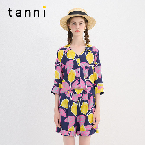 tanni柠檬女孩印花短衬衫短裤