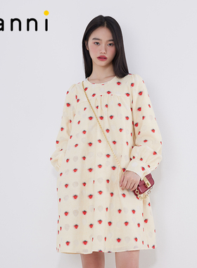 tanni甜美可爱显瘦气质波点草莓印花中长款连衣裙女TM11DR002B