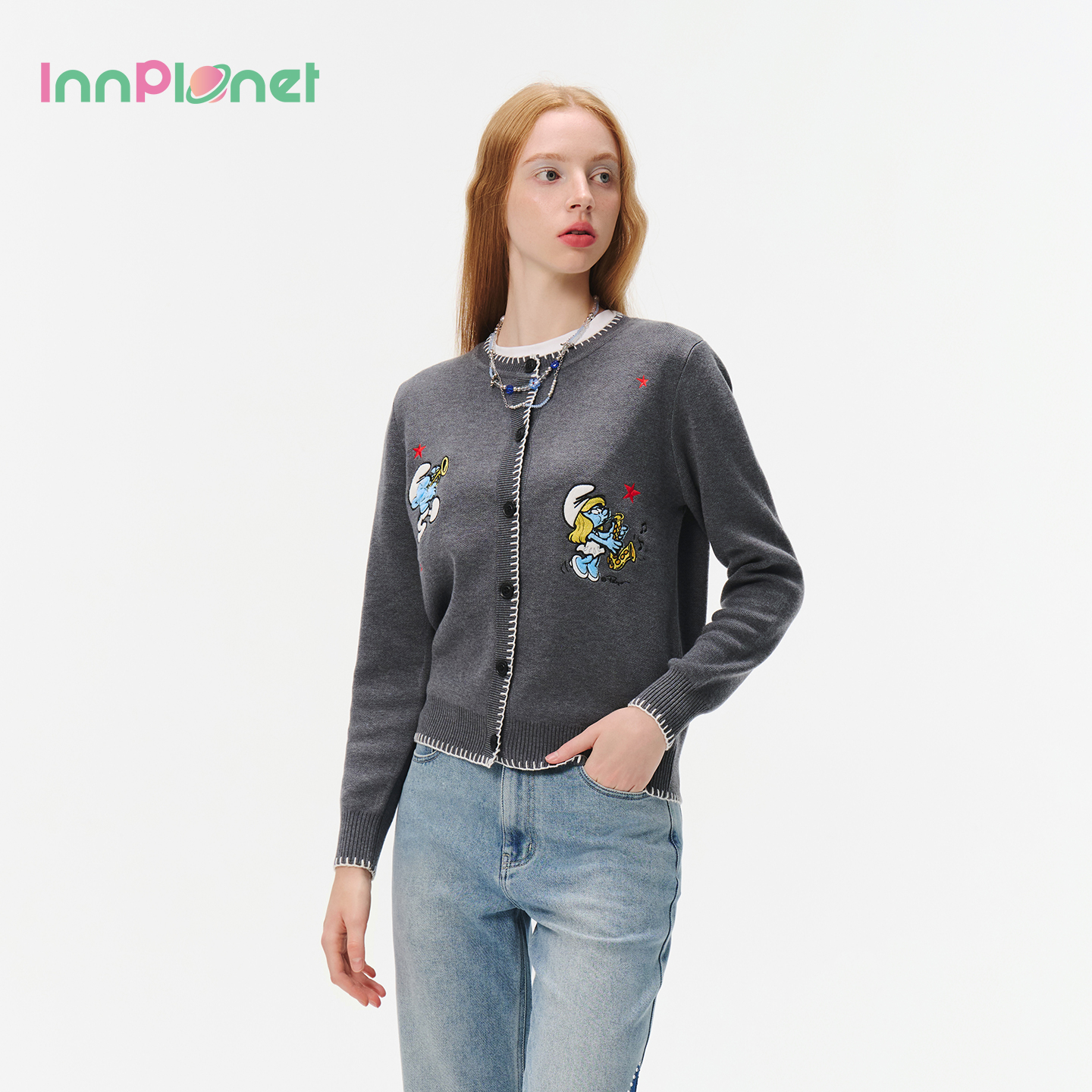 蓝精灵系列混纺刺绣针织开衫