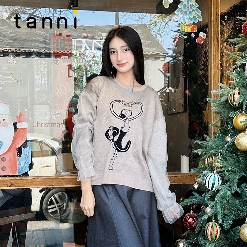 tanni大力水手网纱拼接针织衫