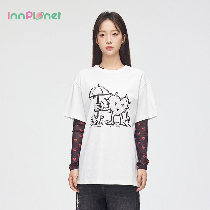 tanni&innplanet设计师系列扎扎的心简约印花T恤上衣PN11TS856A - 实物图