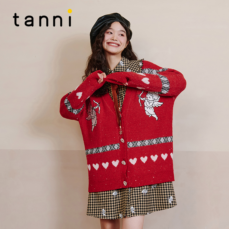 tanni混织V领长袖针织开衫