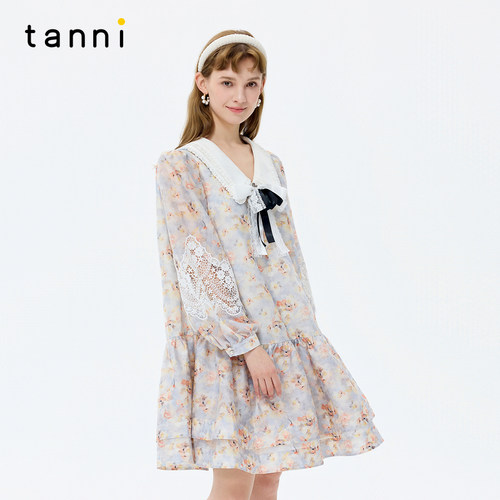 tanni26夏季新款繁华意趣风甜美蓝调碎花娃娃裙公主裙印花连衣裙