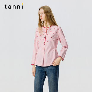 tanni2026春新款 女TP11SH150A 日杂甜美色织条纹刺绣收腰系带衬衫