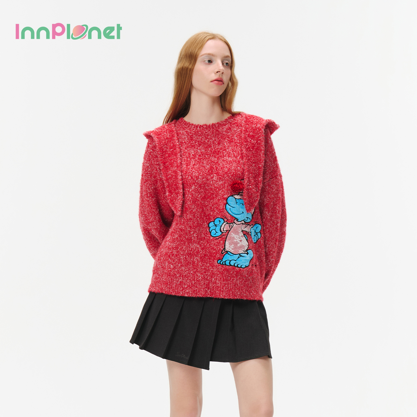 innplanet25秋冬新款蓝精灵系列可拆卸帽字针织套头衫PO31KN822A