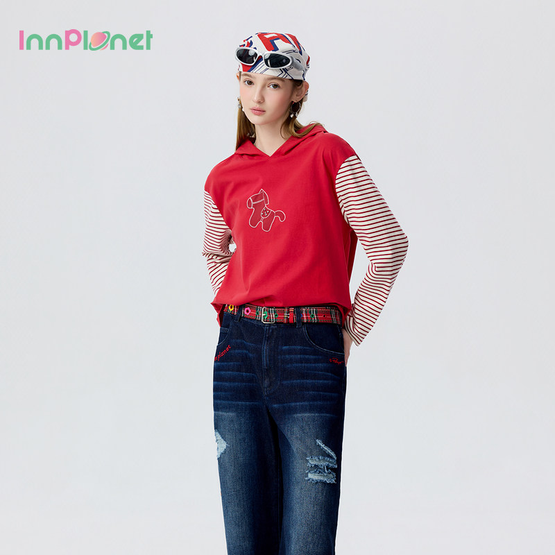 innplanet26夏季新款千禧运动风马年开运小马条纹宽松连帽T恤上衣图片