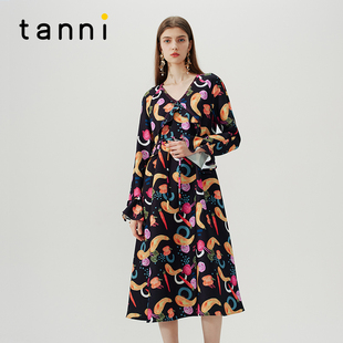 连衣裙TN31DR077A v领多巴胺印花垂坠长款 tanni新款 优雅法式