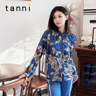 tanni优雅复古贵气丝绒垂坠感圆领立领长袖 TN31SH602A 印花衬衫