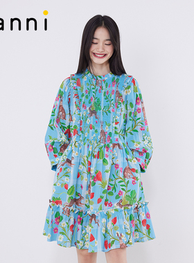 tanni新款花朵通勤度假司马克X版型收腰连衣裙TM11DR057C