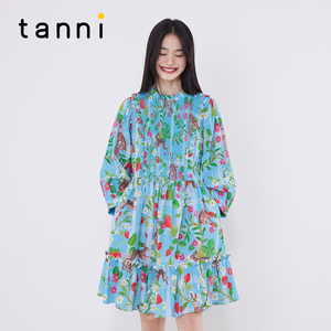 tanni新款花朵通勤度假司马克X版型收腰连衣裙TM11DR057C