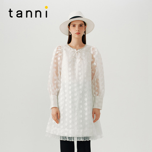 tanni简洁淡雅名媛气质波点提花小A版 宽松纱质连衣裙TN31DR068A