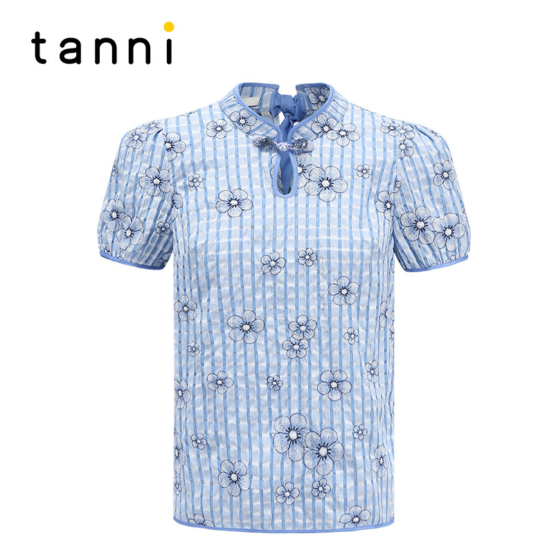 tanni新款新中式气质H版旗袍领泡泡袖短款上衣TM11BL046A
