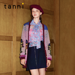 tanni法式 女TM31KN050A 复古优雅俏皮设计感猫咪印花V领针织开衫