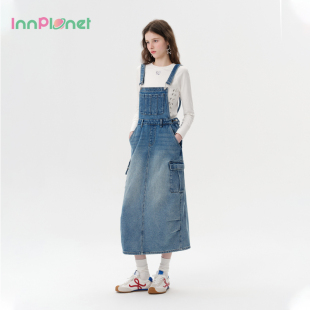 innplanet26春新款 复古收腰宽松休闲后开衩背带牛仔裙PO11DE025A