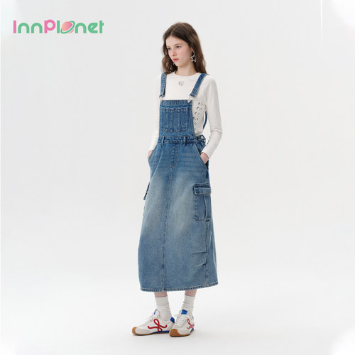 innplanet复古收腰背带牛仔裙