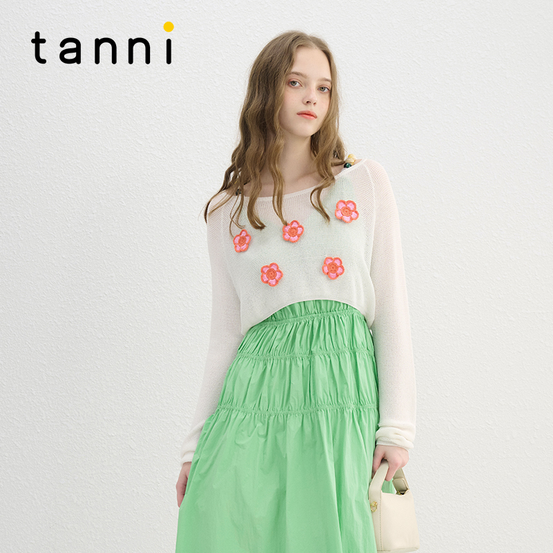 tanni少女截短镂空套头针织衫