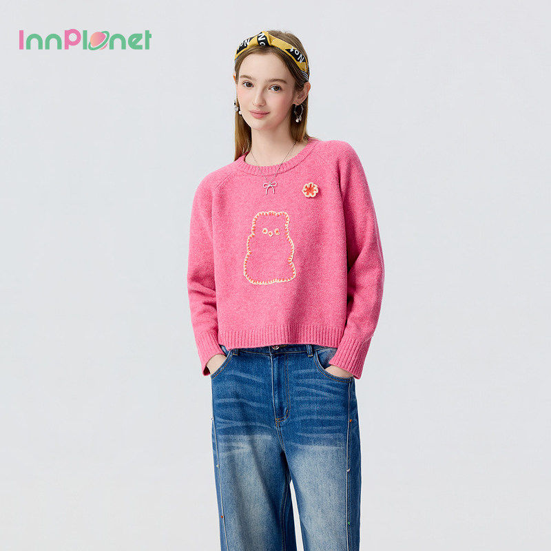 innplanet26夏季新款复古少女风甜美简约小熊图案粉色套头针织衫