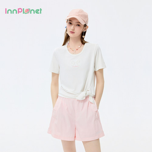 innplanet26夏新款淡系氧气少女穿搭钉珠蝴蝶结基础款白色T恤上衣