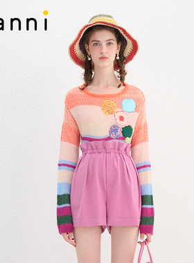 tanni新款法式通勤多巴胺彩色条纹短款低圆领针织衫TN11KN805A