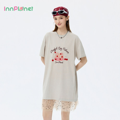 innplanet26年夏秋季软核街头风甜酷网纱亮片拼接印花T恤连衣裙女