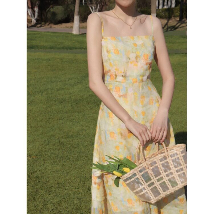 夏季初恋甜美吊带裙油画裙新款气质小裙子法式抹胸碎花连衣长裙女