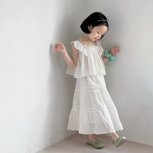 女童白色裙子夏天薄款儿童公主风高级感长裙套装超好看海边连衣裙