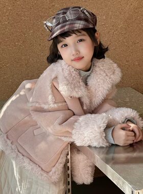 女童秋冬翻毛领外套加绒加厚中大儿童时髦洋气保暖皮毛一体大衣潮