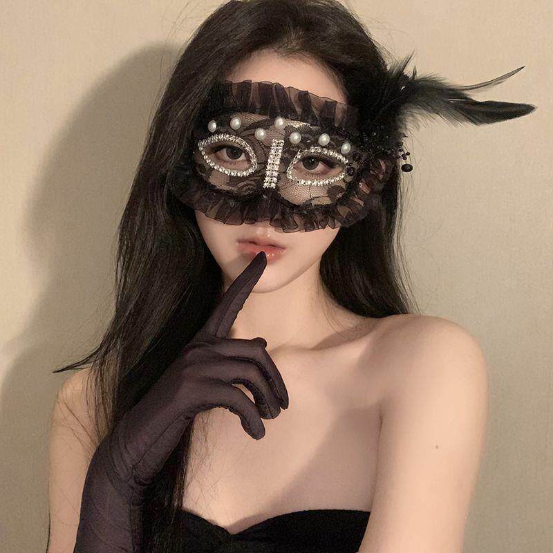珍珠羽毛半脸面具黑色假面舞会晚宴派对装饰品万圣节化妆舞会配饰