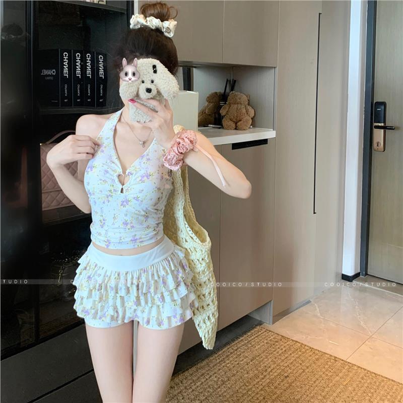 比基尼仙女范纯欲风碎花性感小胸聚拢显瘦遮肉海边度假分体泳衣女