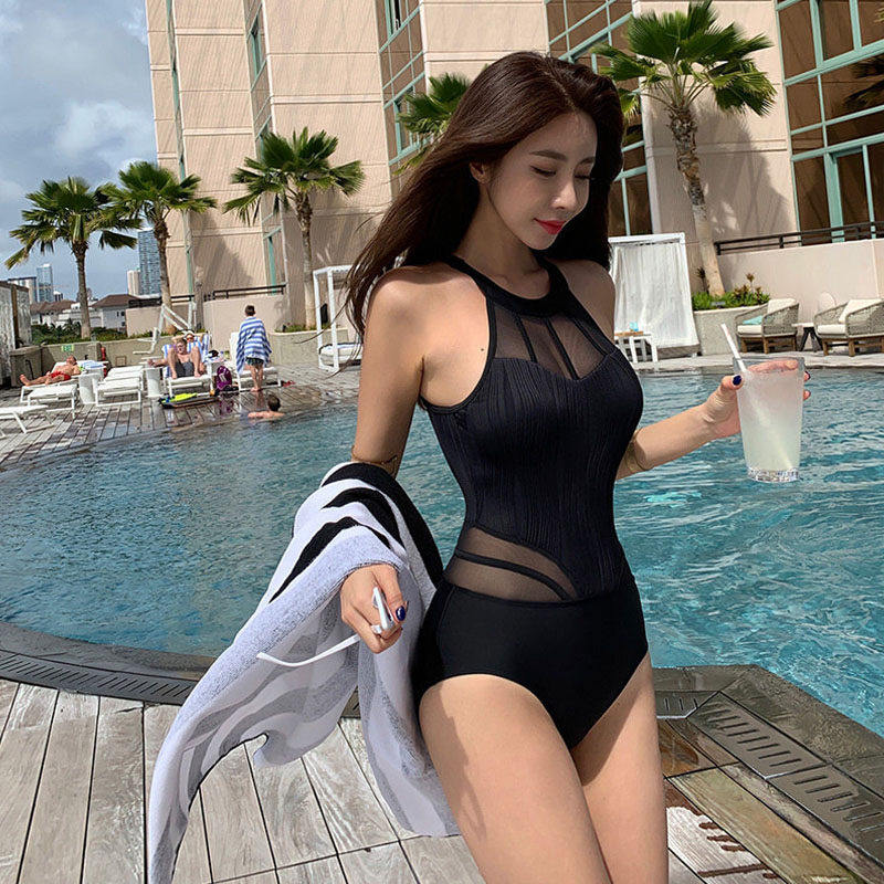 黑色镂空性感泳衣女韩国ins网红小胸聚拢露背遮肚显瘦度假泡温泉