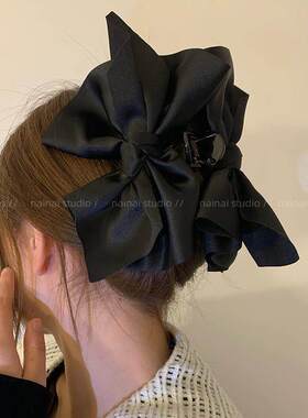 超大蝴蝶结抓夹~黑色缎面后脑勺布艺复古法式鲨鱼夹发夹发饰夹子