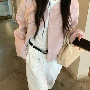 实拍实价 粉色棒球服韩系通勤百搭款短款毛呢外套