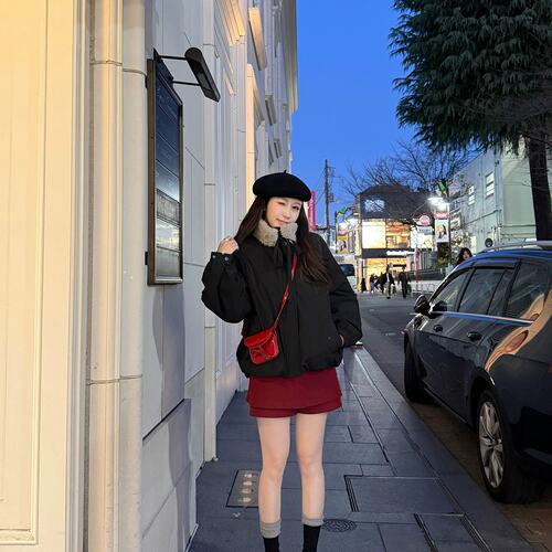 NEW EMPIRE26冬季新款设计感小众上衣毛领加厚黑色花苞棉服外套女