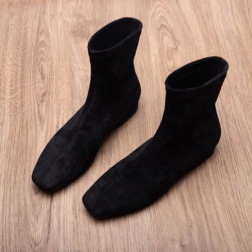 方头粗跟短靴女2025新款秋冬气质百搭低跟显瘦绒面套筒弹力瘦瘦靴