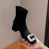 粗跟方头短靴女2025新款 百搭水钻方扣弹力袜靴低跟黑色绒面瘦瘦靴