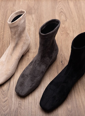 粗跟短靴女2025新款秋冬百搭矮跟显脚小方头瘦瘦靴绒面套筒弹力靴
