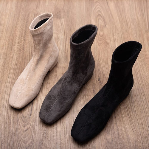 粗跟弹力靴方头套筒短靴女新款