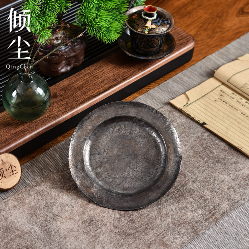 鸟栖竹枝锡壶承 纯手工錾刻锡制茶盘 做旧纯锡干泡台 锡茶点盘