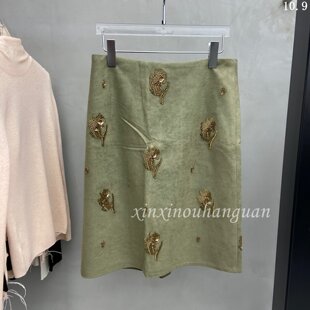 欧洲站2026秋季新款时尚百搭高腰显瘦重工钉珠刺绣开叉半身裙女