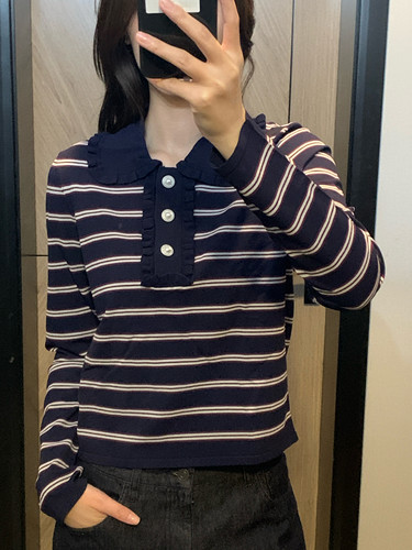 木耳边 条纹 上衣 bp 极细纤维