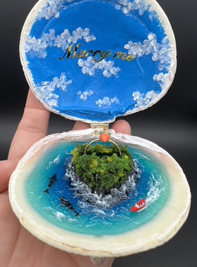 贝壳戒指盒-海洋之心，钻戒高档，艺术求婚戒指盒 纯手工绘画