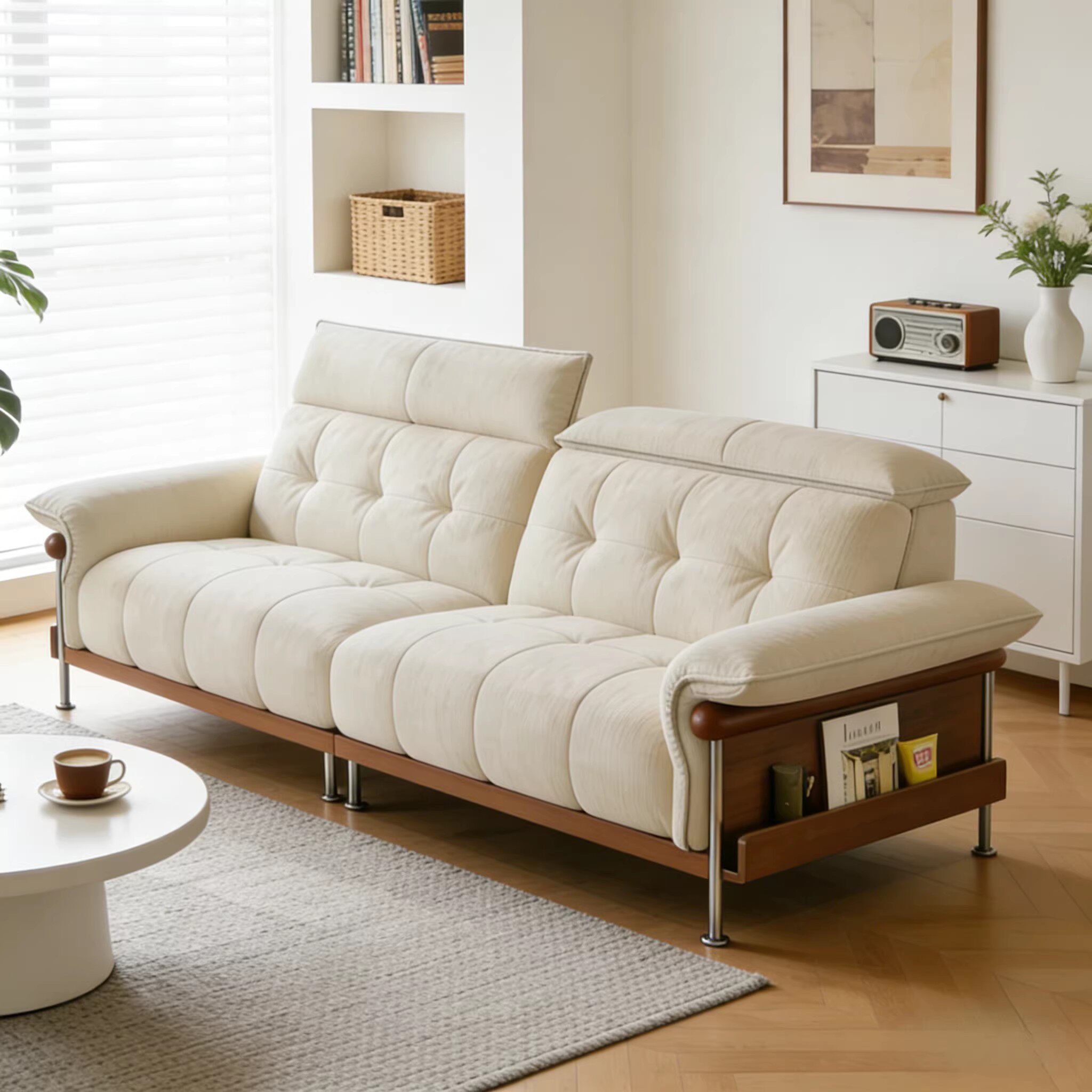 法式复古原木风沙发现代简约客厅直排雪尼尔高靠背奶油风布艺沙发