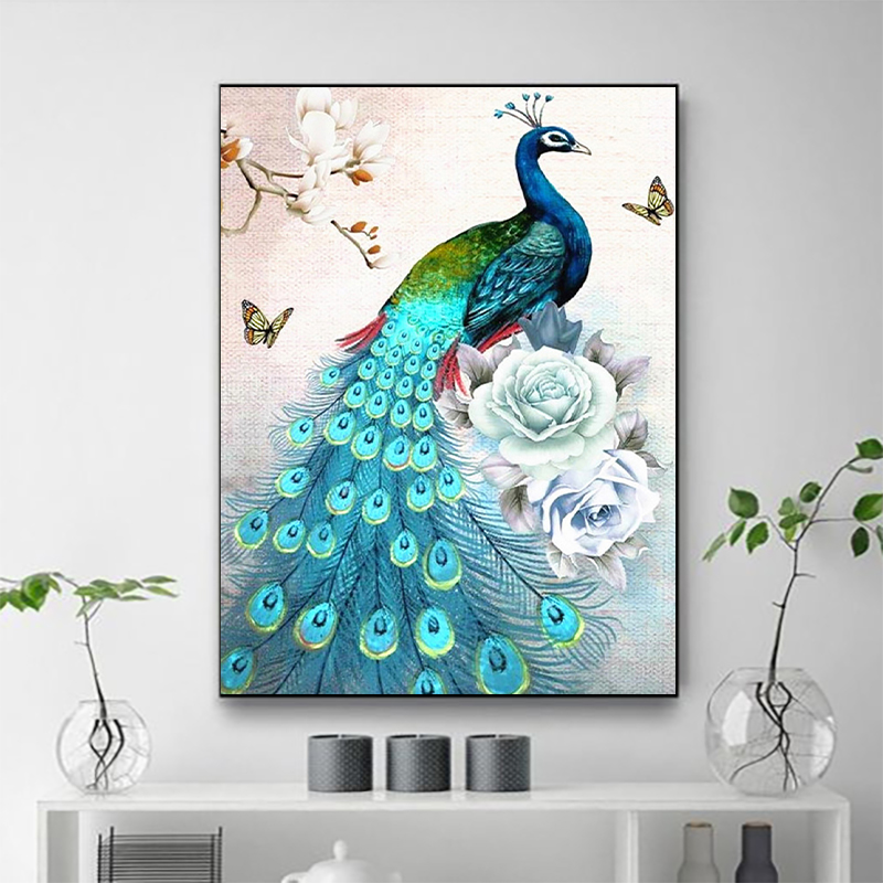 花开富贵孔雀5d钻石画2024新款满钻吉祥动物玄关砖石画点钻十字绣