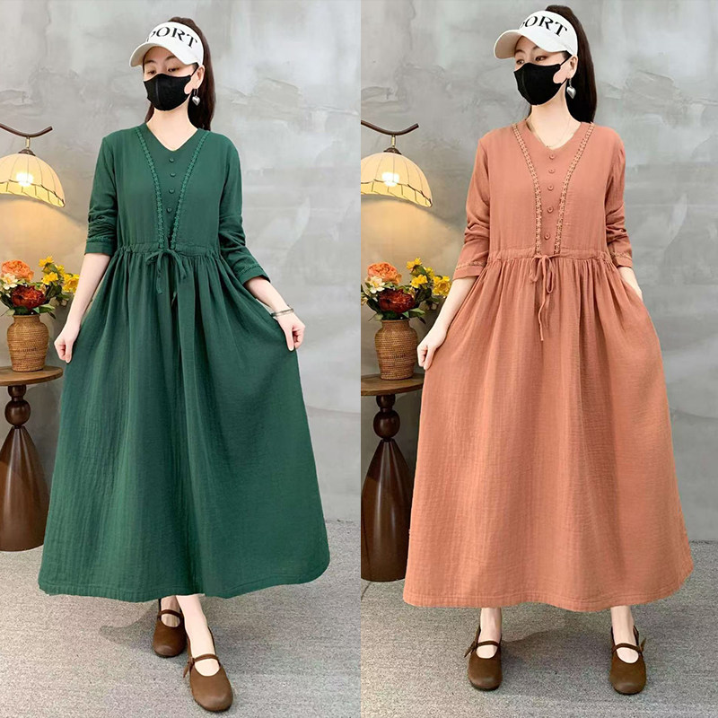 2026春夏棉麻新款大码新中式国风纯色文艺复古连衣裙